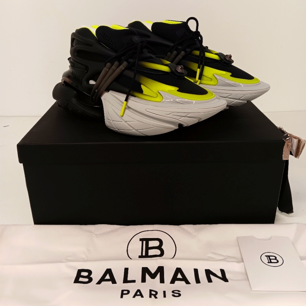 Balmain Men's Unicorn Blk/Neon Low-Top Neoprene & Leather Chunky Sneakers